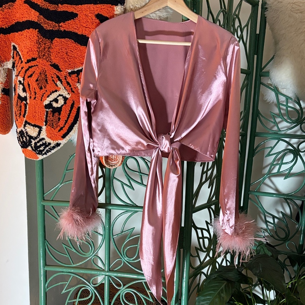 Pink Satin Tie-Front Top with Feather Cuffs